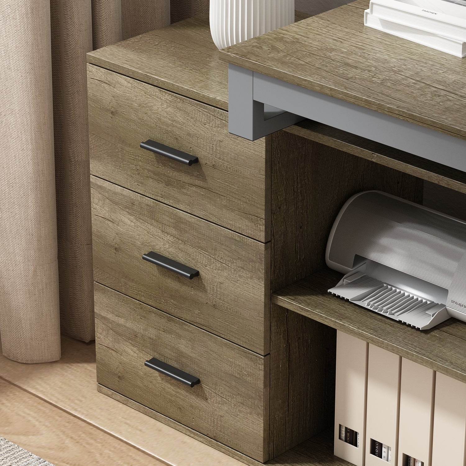Home Office Computer Desk Corner Desk with 3 Drawers and 2 Shelves, 55 Inch Large L-Shaped Study Writing Table with Storage Cabinet
