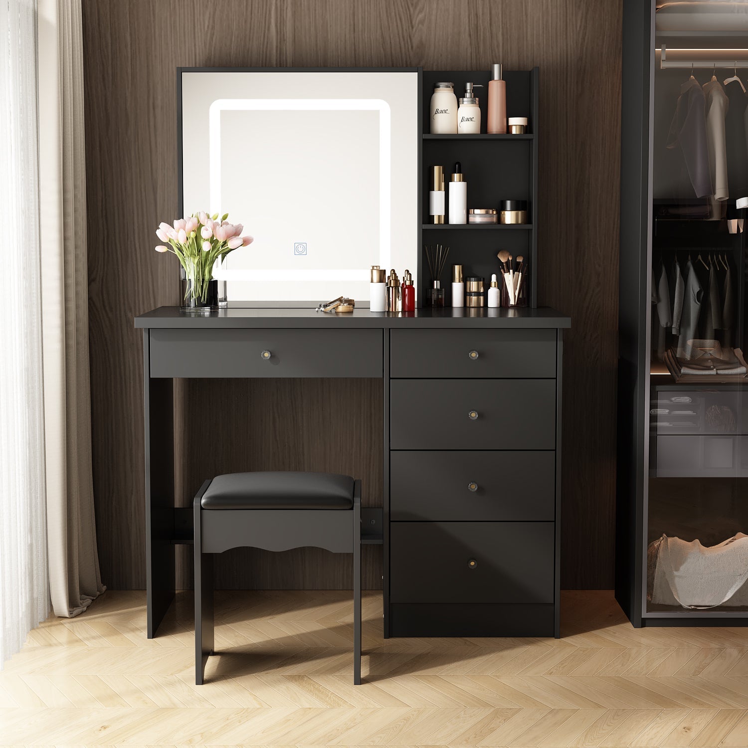 Makeup Vanity Set with Sliding Lighted Mirror, Cushioned Stool, 5 Drawers & Shelves