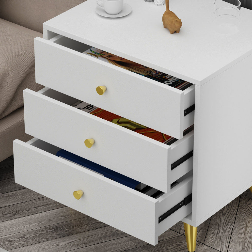 Bedroom Table 3-Drawer Dresser Nightstand with Gold-Plated Legs for Small Space