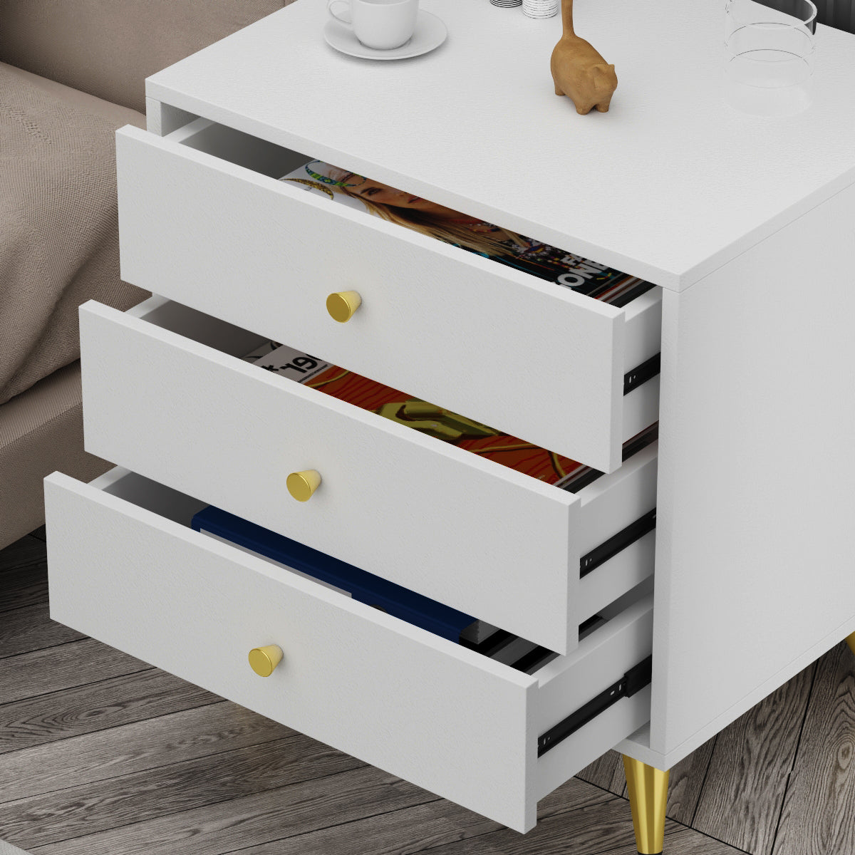 Bedroom Table 3-Drawer Dresser Nightstand with Gold-Plated Legs for Small Space