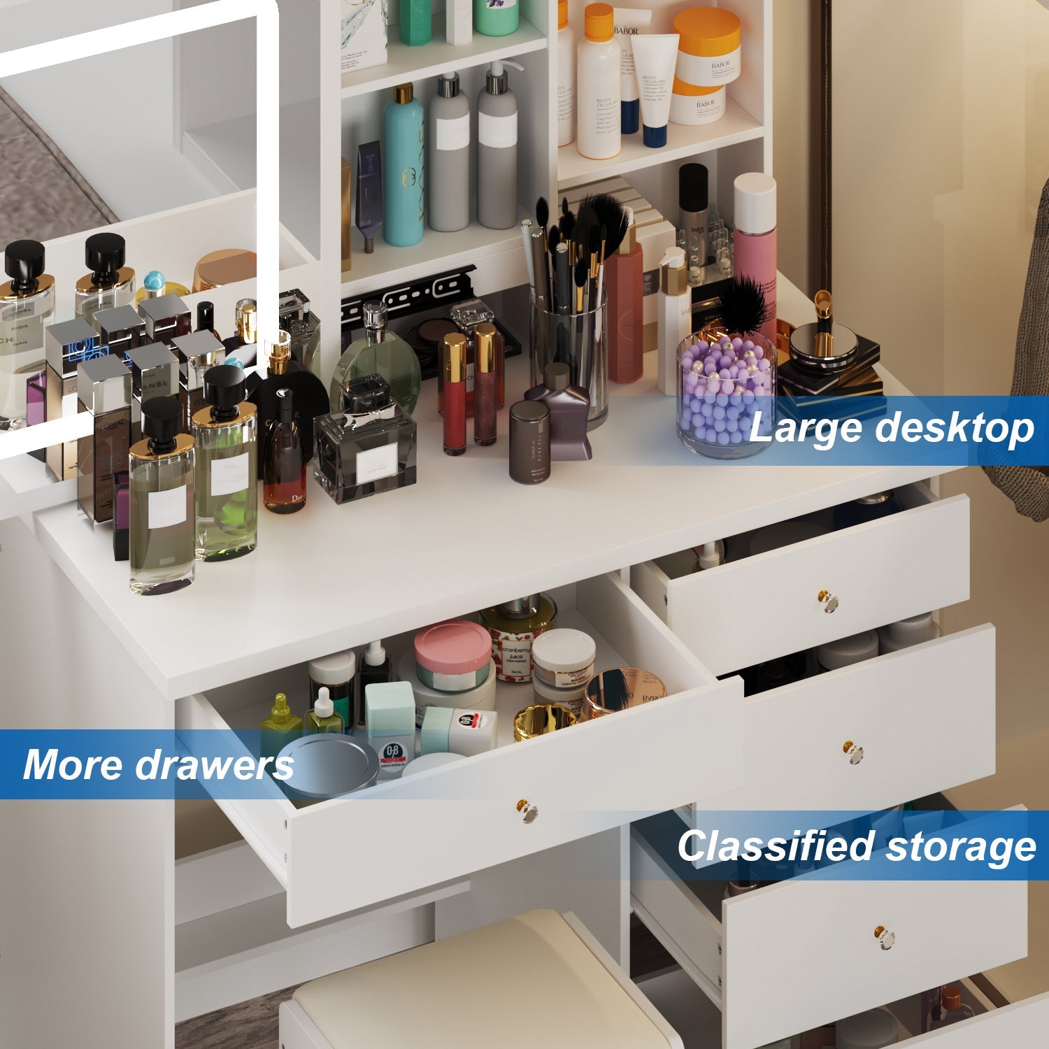 Large Vanity Set Makeup Vanity Dressing Table with Sliding Lighted Mirror 5 Drawers & Shelves