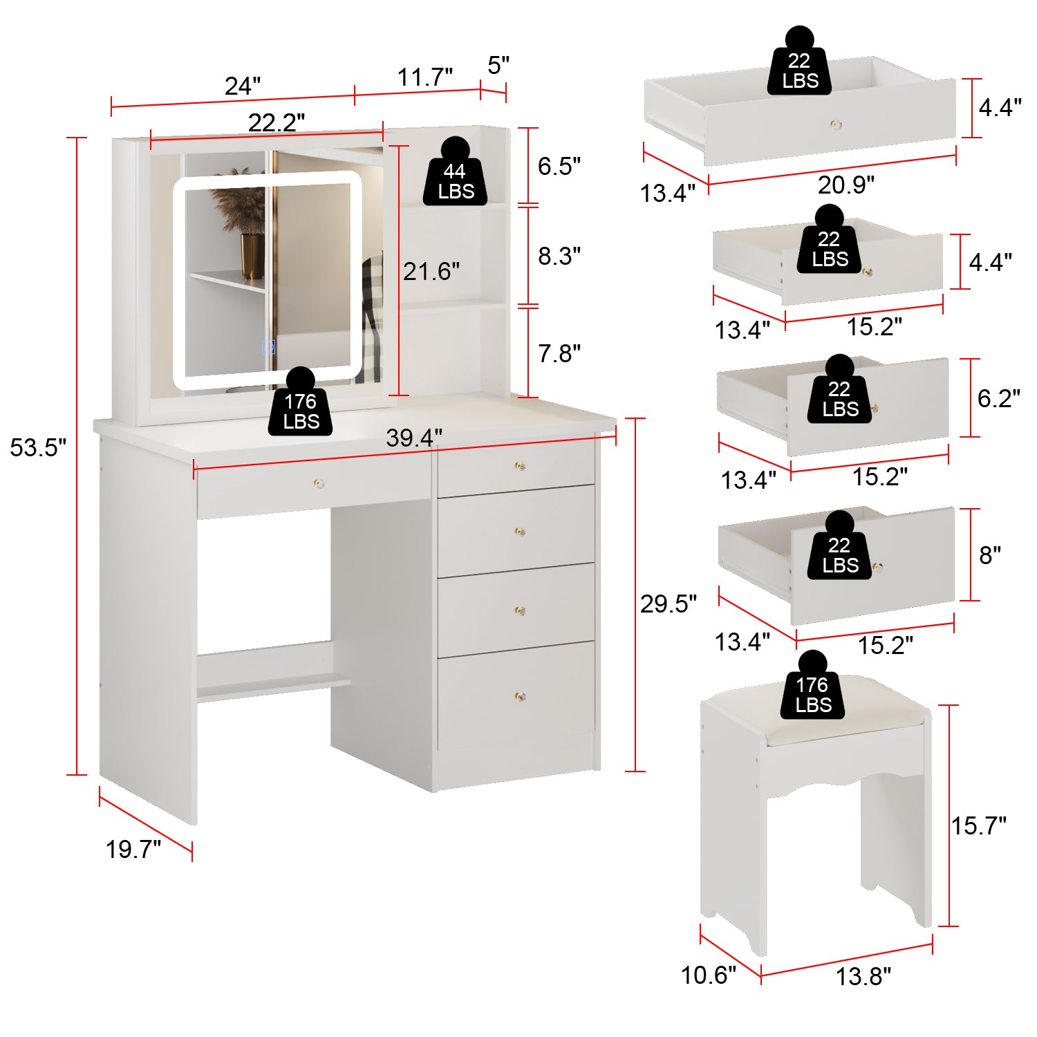 Large Vanity Set Makeup Vanity Dressing Table with Sliding Lighted Mirror 5 Drawers & Shelves