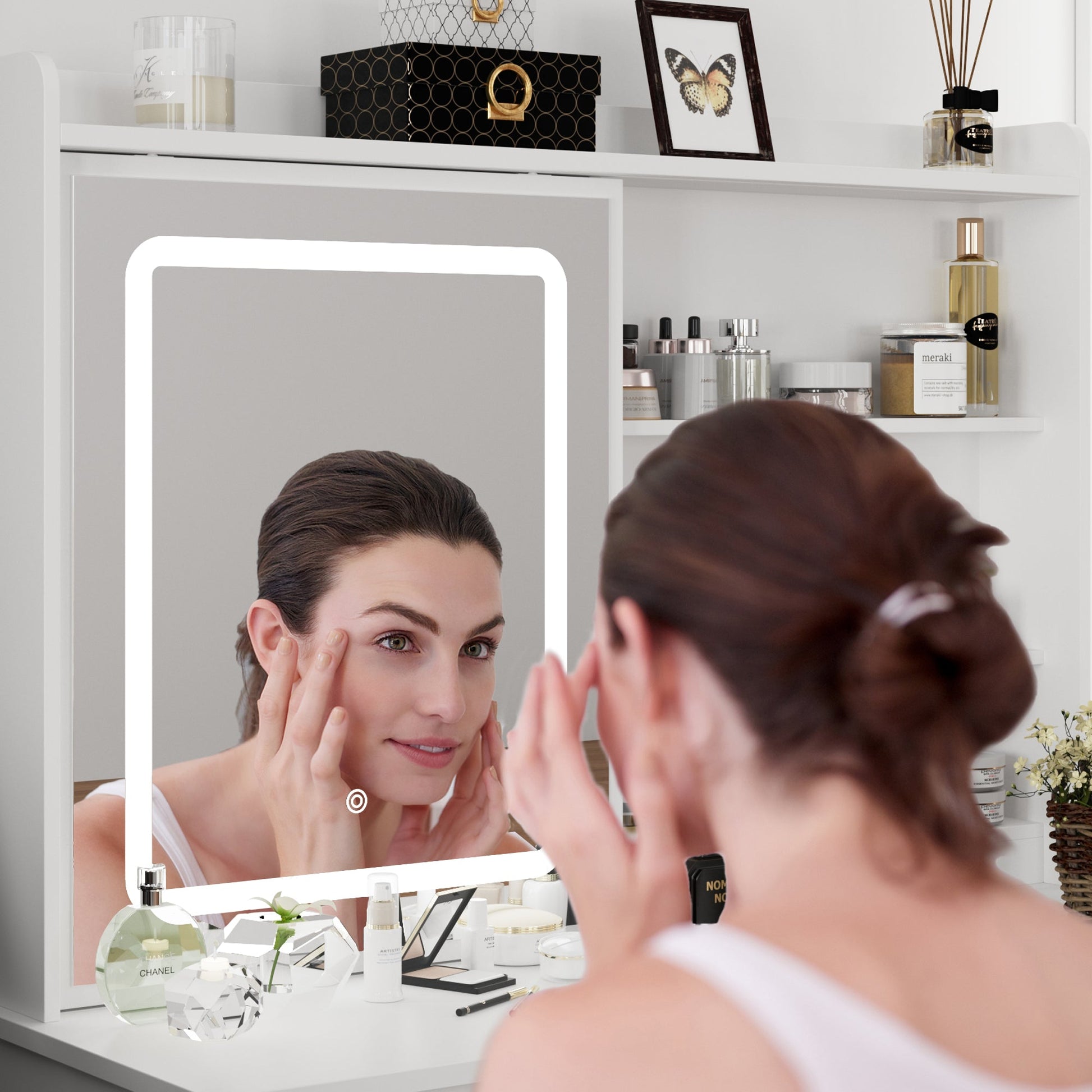 White Vanity Set With 3 Color Touch Screen Dimming Mirror