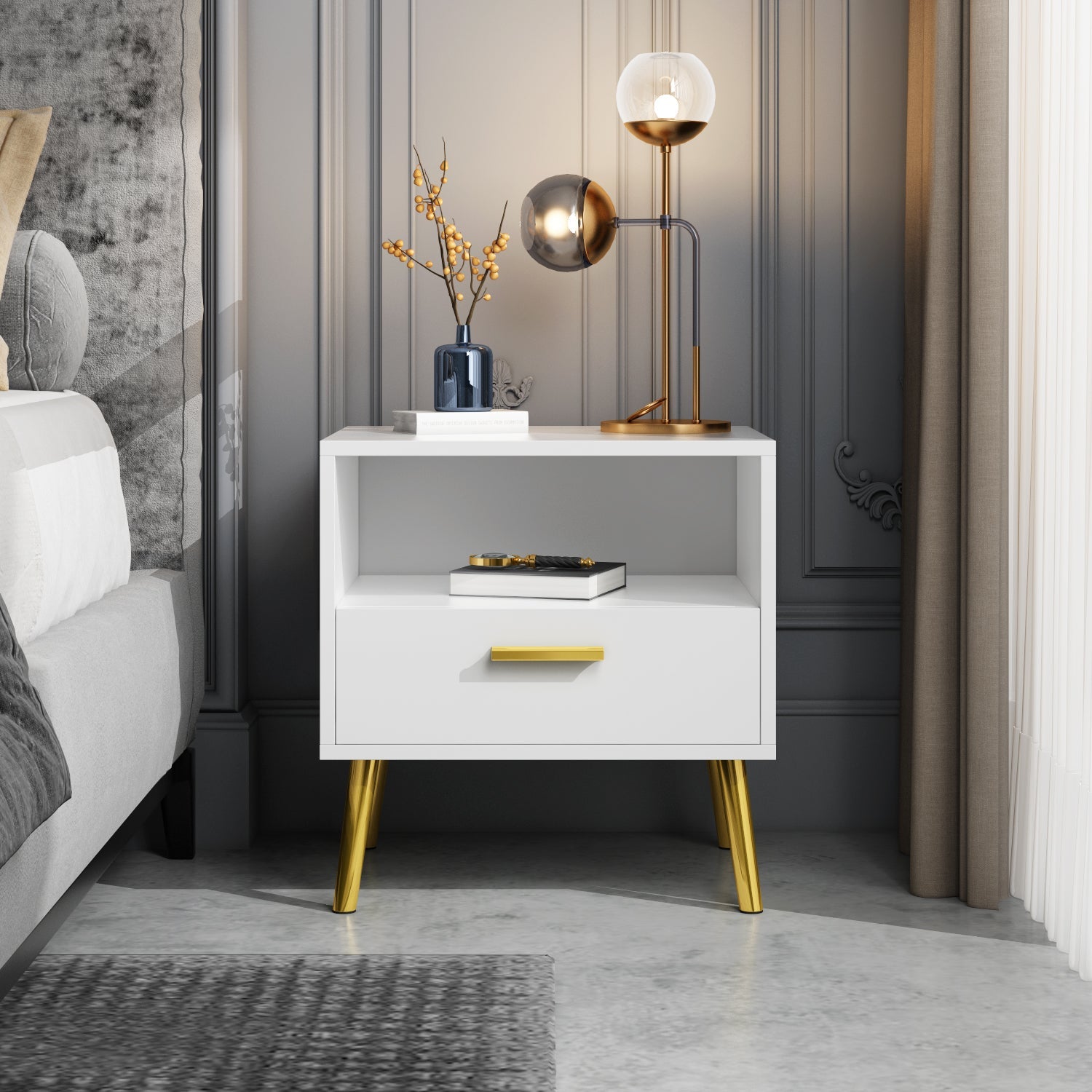Small Bedside Cabinet 1 Open Shelf and 1 Drawer Storage Table Nightstand