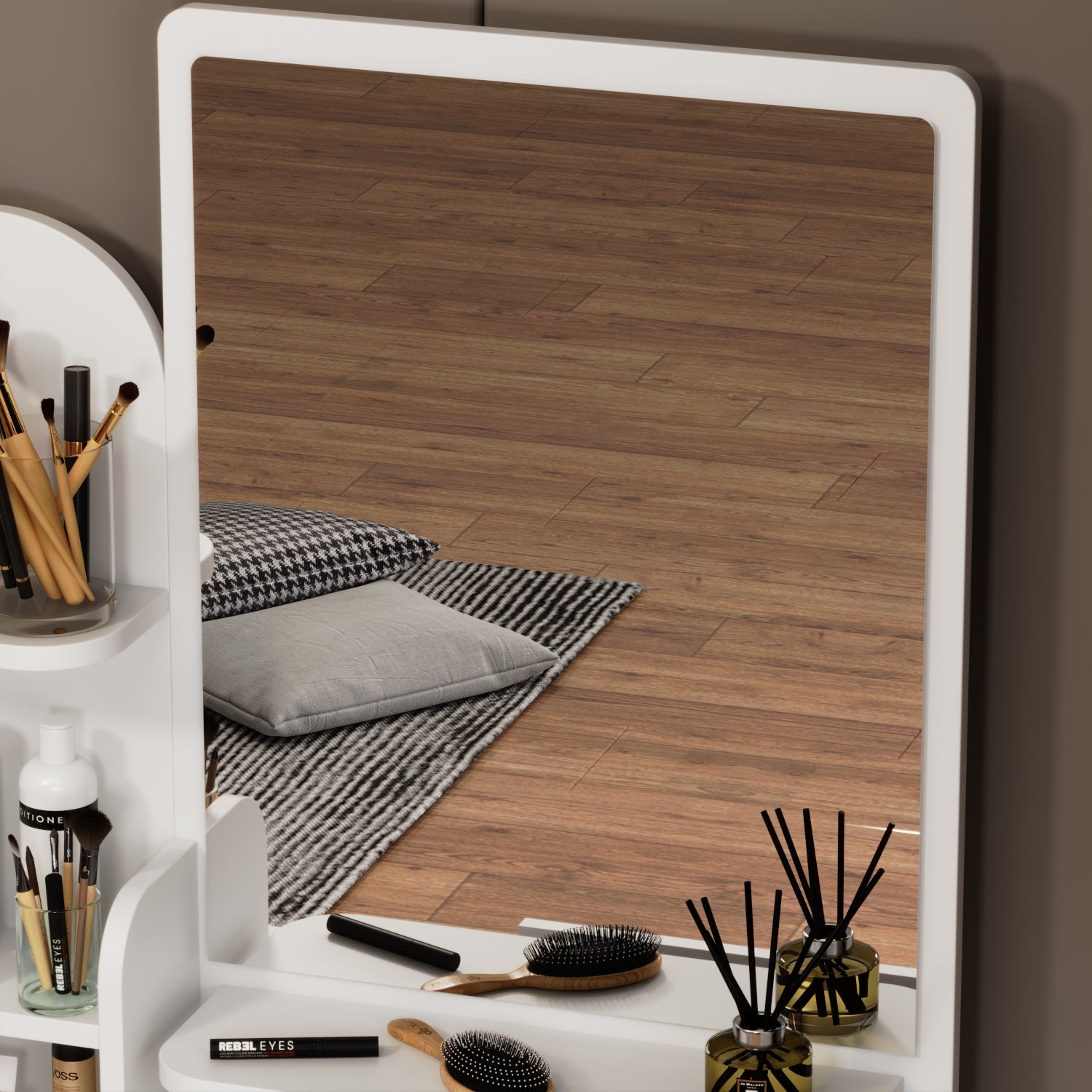 5-Drawer Makeup Vanity Set Dressing Table Set with Stool, Mirror, LED Light and 3-Tier Storage Shelves