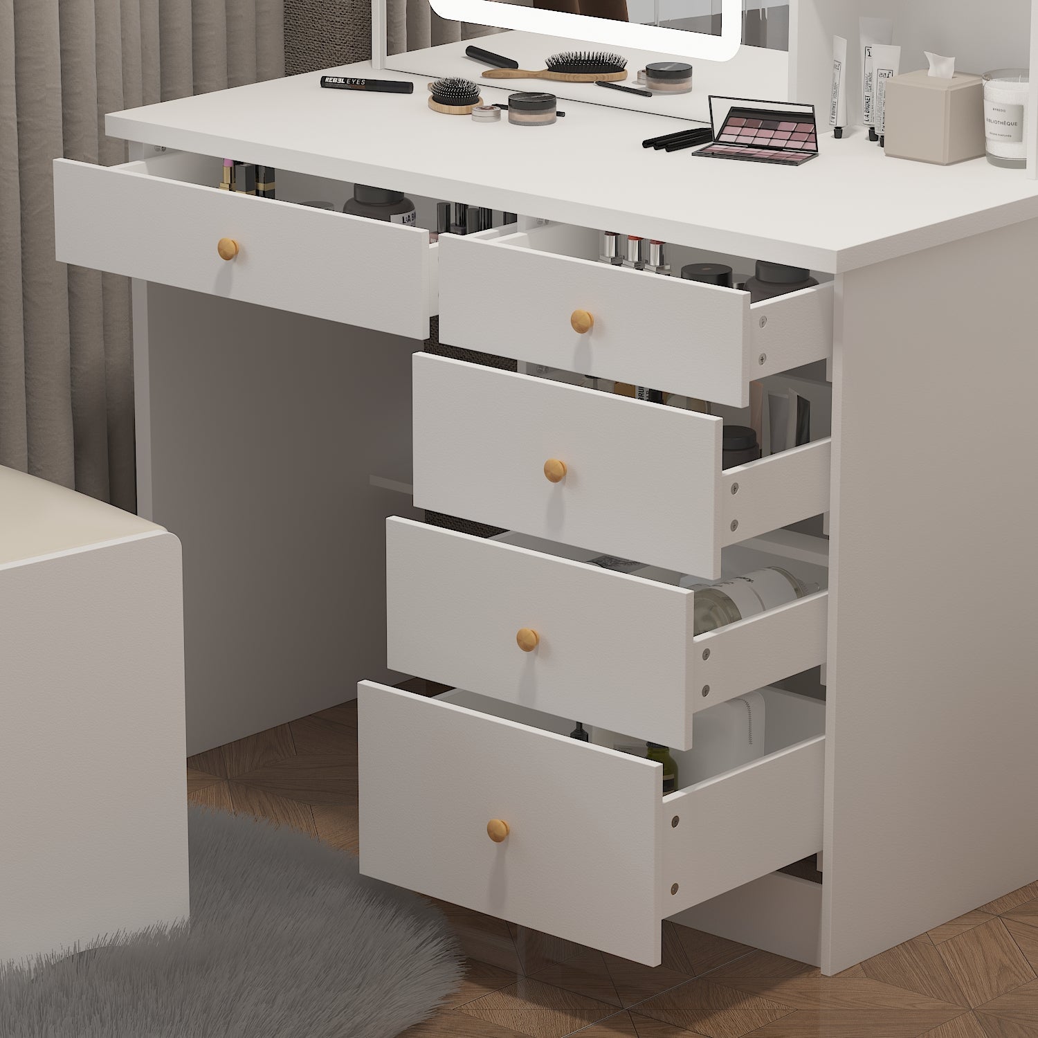 Large Vanity Set Makeup Vanity Dressing Table with Sliding Lighted Mirror 5 Drawers & Shelves