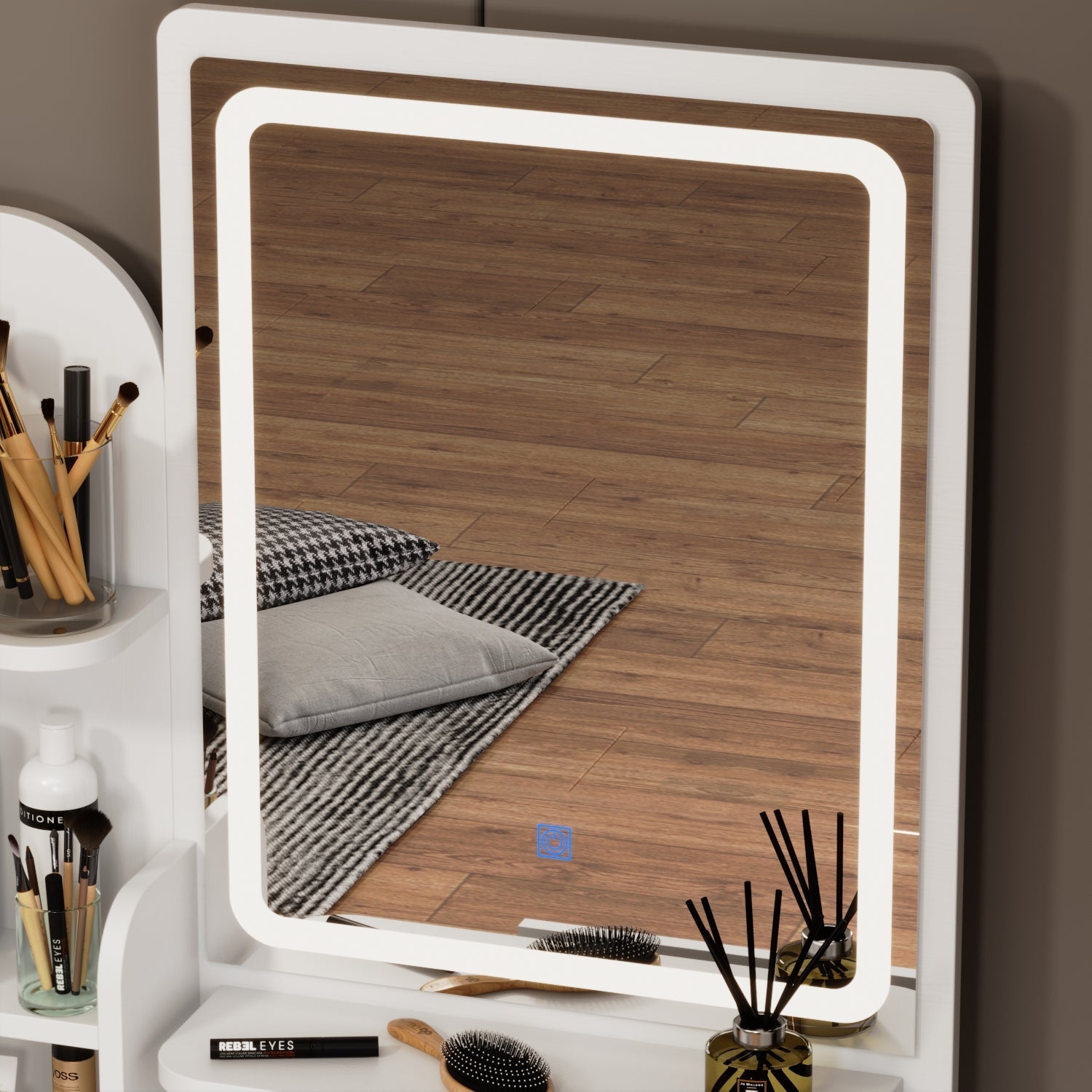 5-Drawer Makeup Vanity Set Dressing Table Set with Stool, Mirror, LED Light and 3-Tier Storage Shelves