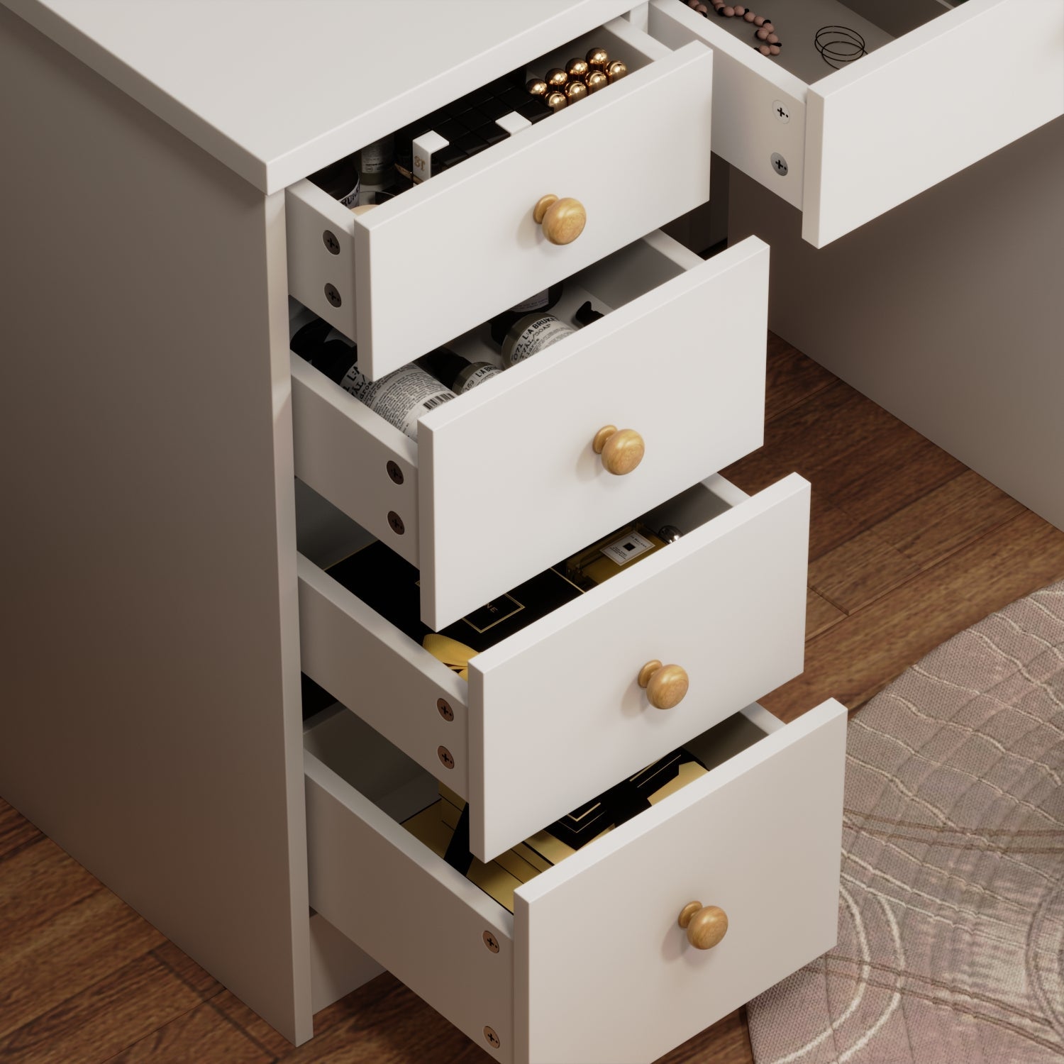 5-Drawer Makeup Vanity Set Dressing Table Set with Stool, Mirror, LED Light and 3-Tier Storage Shelves
