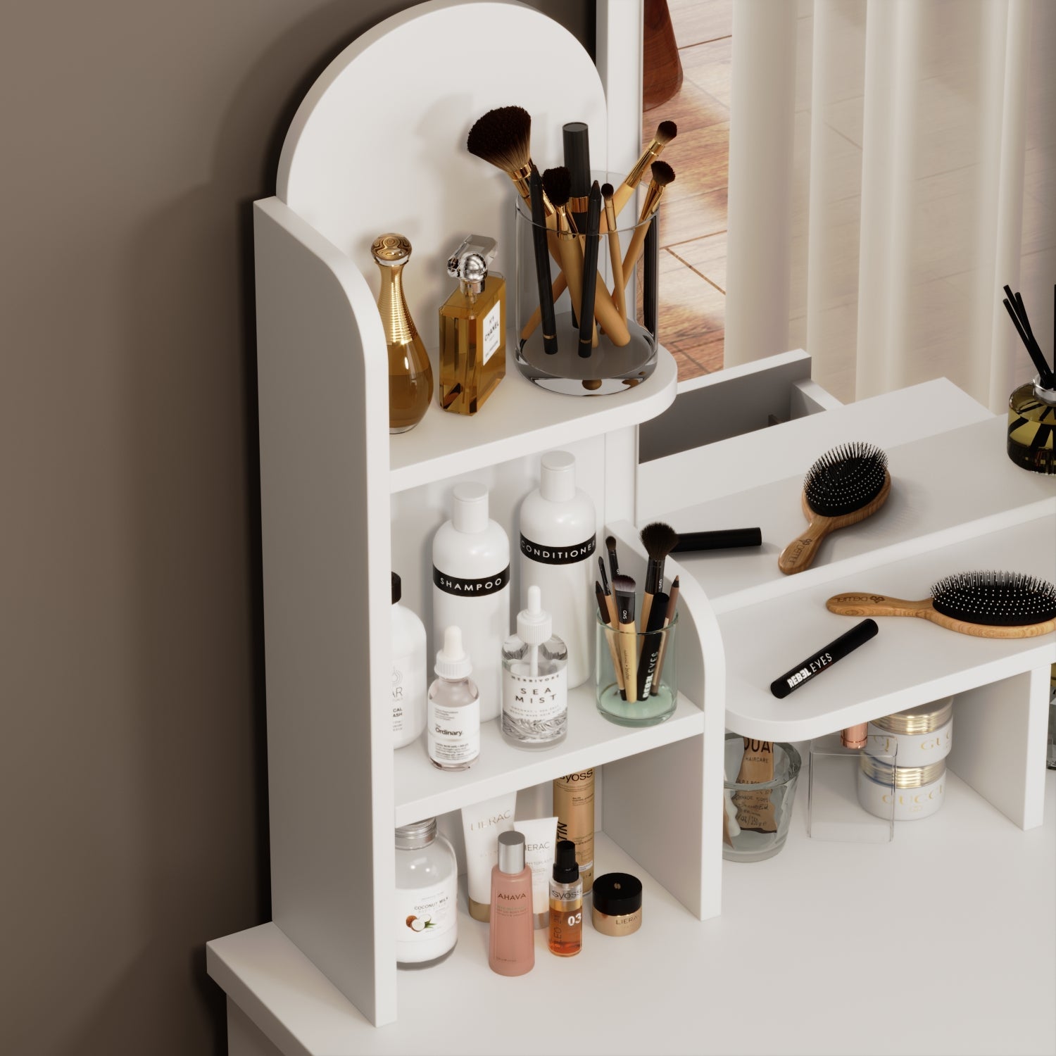 5-Drawer Makeup Vanity Set Dressing Table Set with Stool, Mirror, LED Light and 3-Tier Storage Shelves