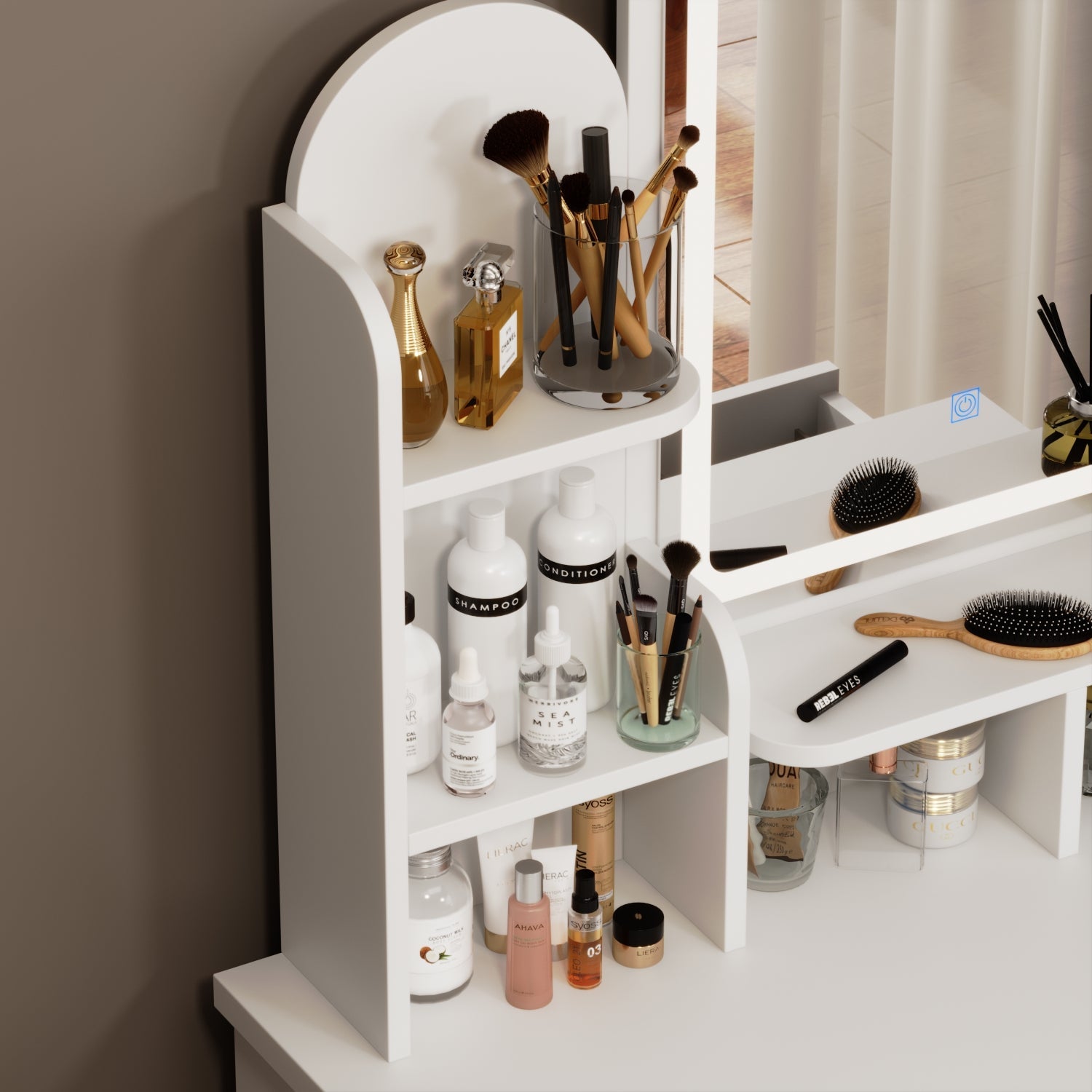 5-Drawer Makeup Vanity Set Dressing Table Set with Stool, Mirror, LED Light and 3-Tier Storage Shelves