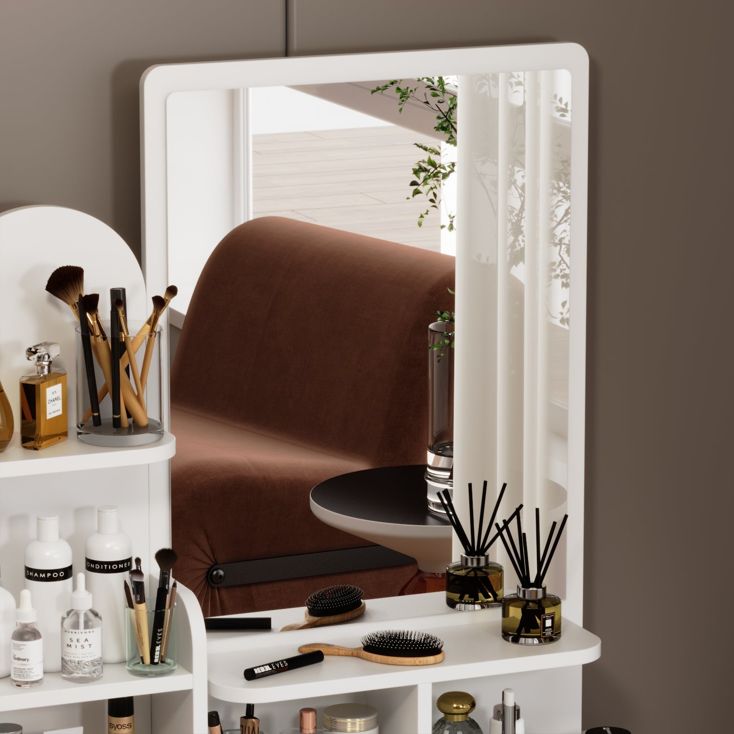 5-Drawer Makeup Vanity Set Dressing Table Set with Stool, Mirror, LED Light and 3-Tier Storage Shelves