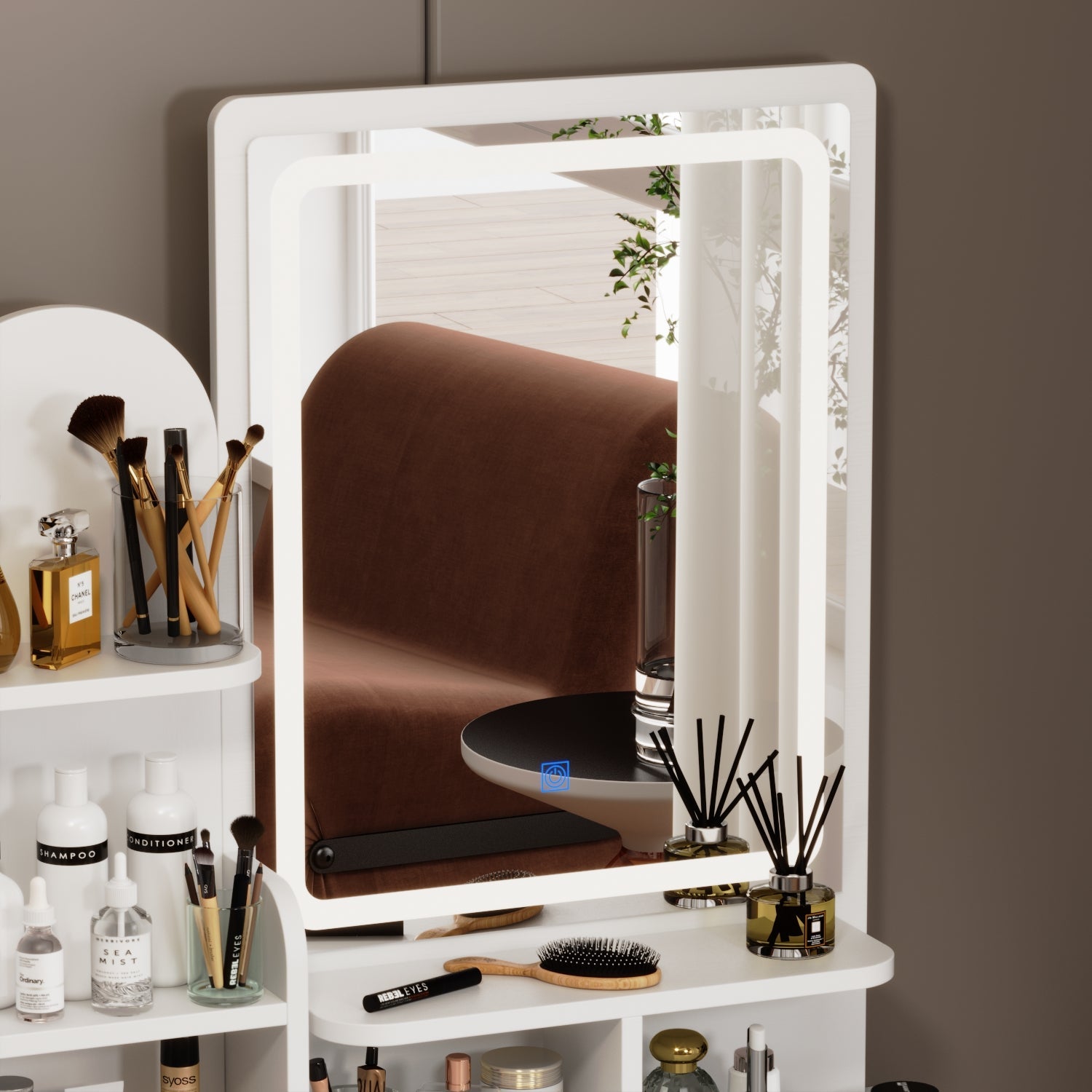 5-Drawer Makeup Vanity Set Dressing Table Set with Stool, Mirror, LED Light and 3-Tier Storage Shelves