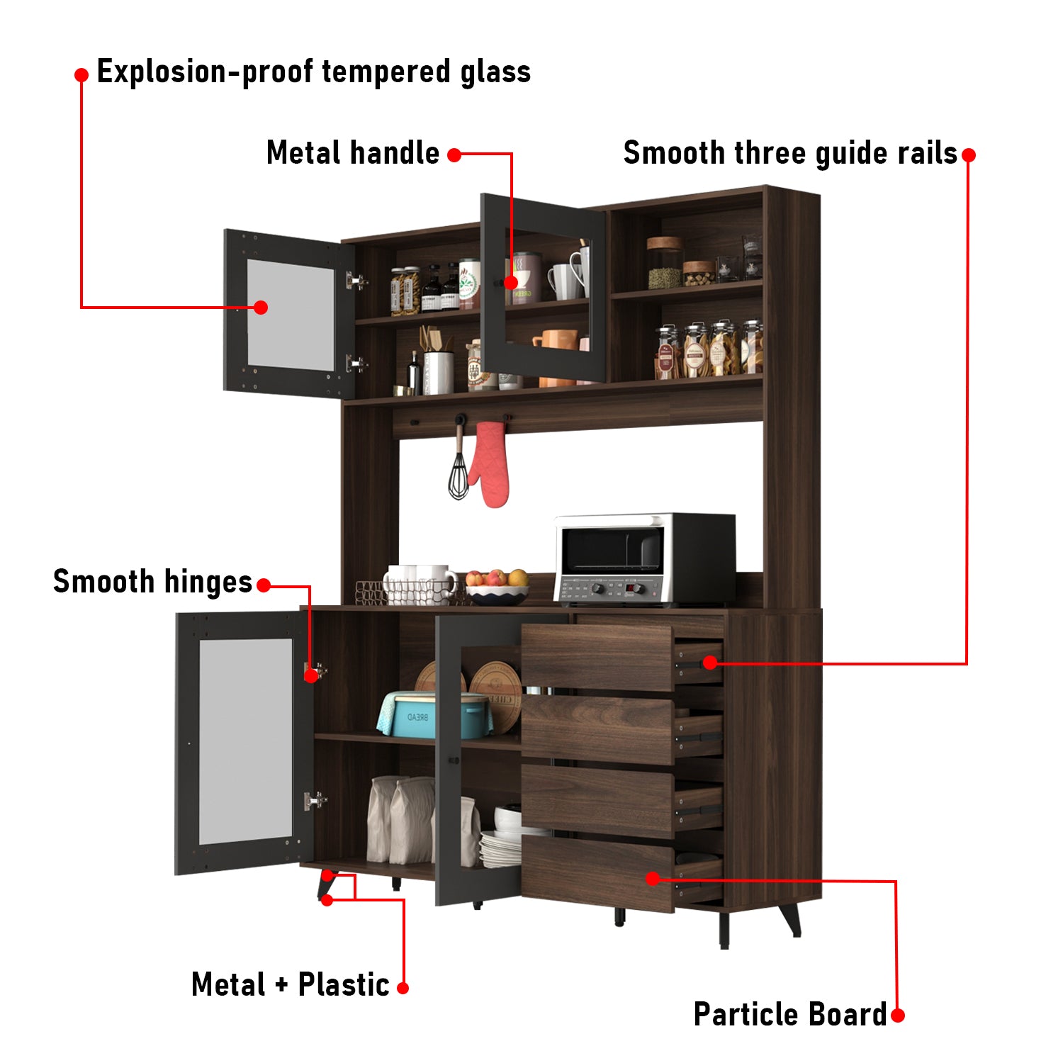 Storage Sideboard Cabinet Cupboard with Drawers and Glass Doors for Kitchen Organization