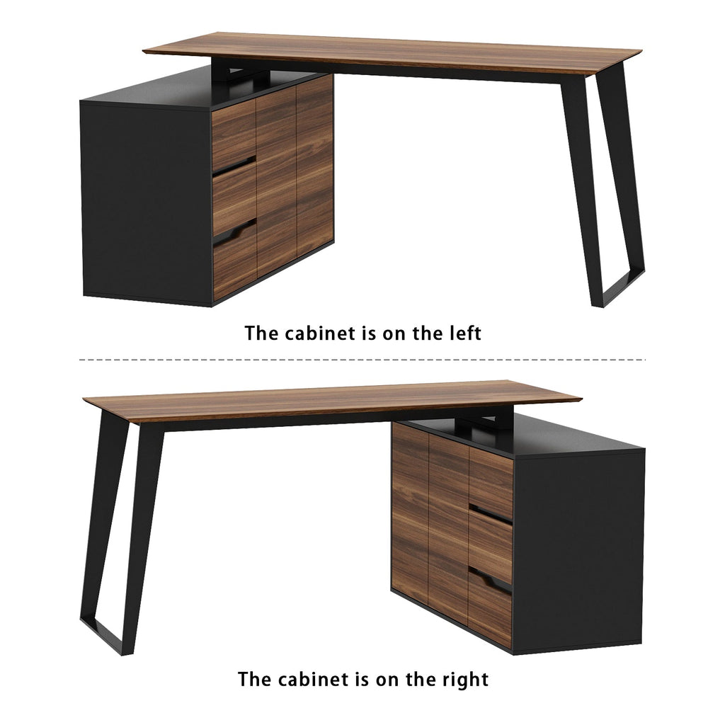 L-Shaped Corner Computer Desk with Drawers Brown Wood Grain