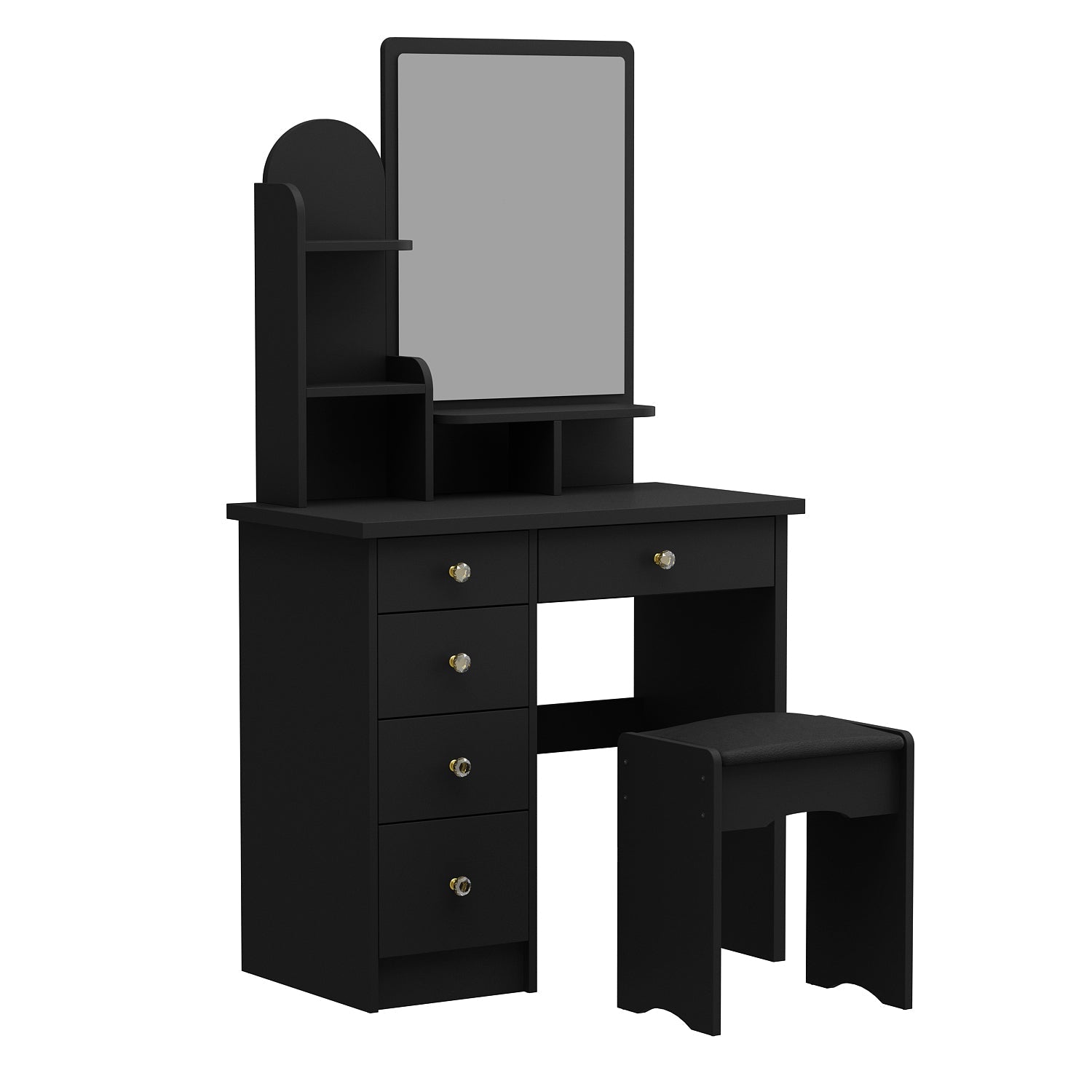 Vanity Set With Stool, Mirror, LED Light and 3-Tier Storage Shelves & 5-Drawer
