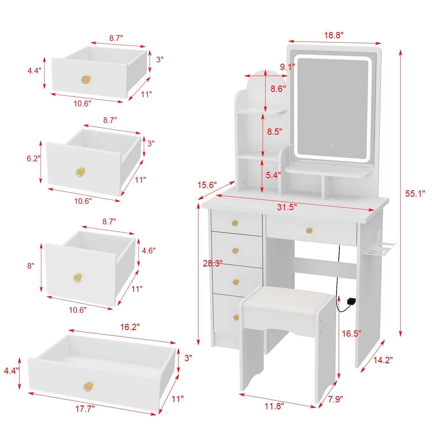 Vanity Set With Stool, Mirror, LED Light and 3-Tier Storage Shelves & 5-Drawer
