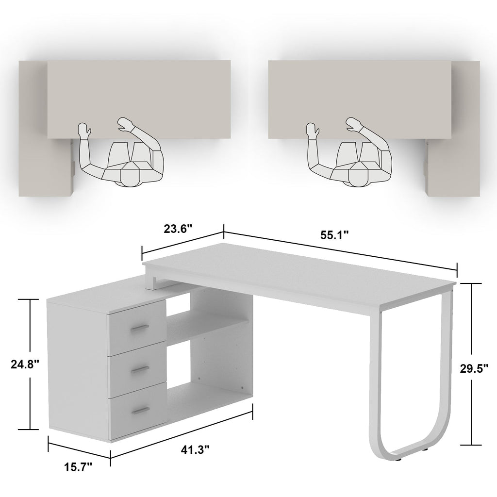 Home Office Computer Desk Corner Desk with 3 Drawers and 2 Shelves, 55 Inch Large L-Shaped Study Writing Table with Storage Cabinet