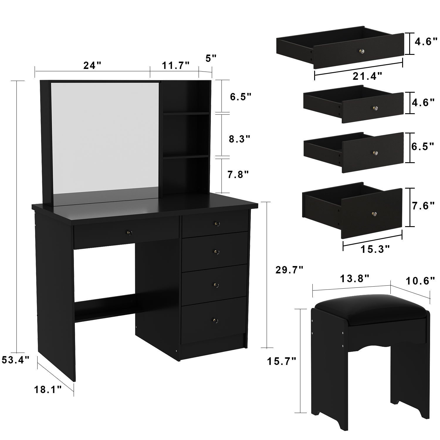 Makeup Vanity Set with Sliding Lighted Mirror, Cushioned Stool, 5 Drawers & Shelves