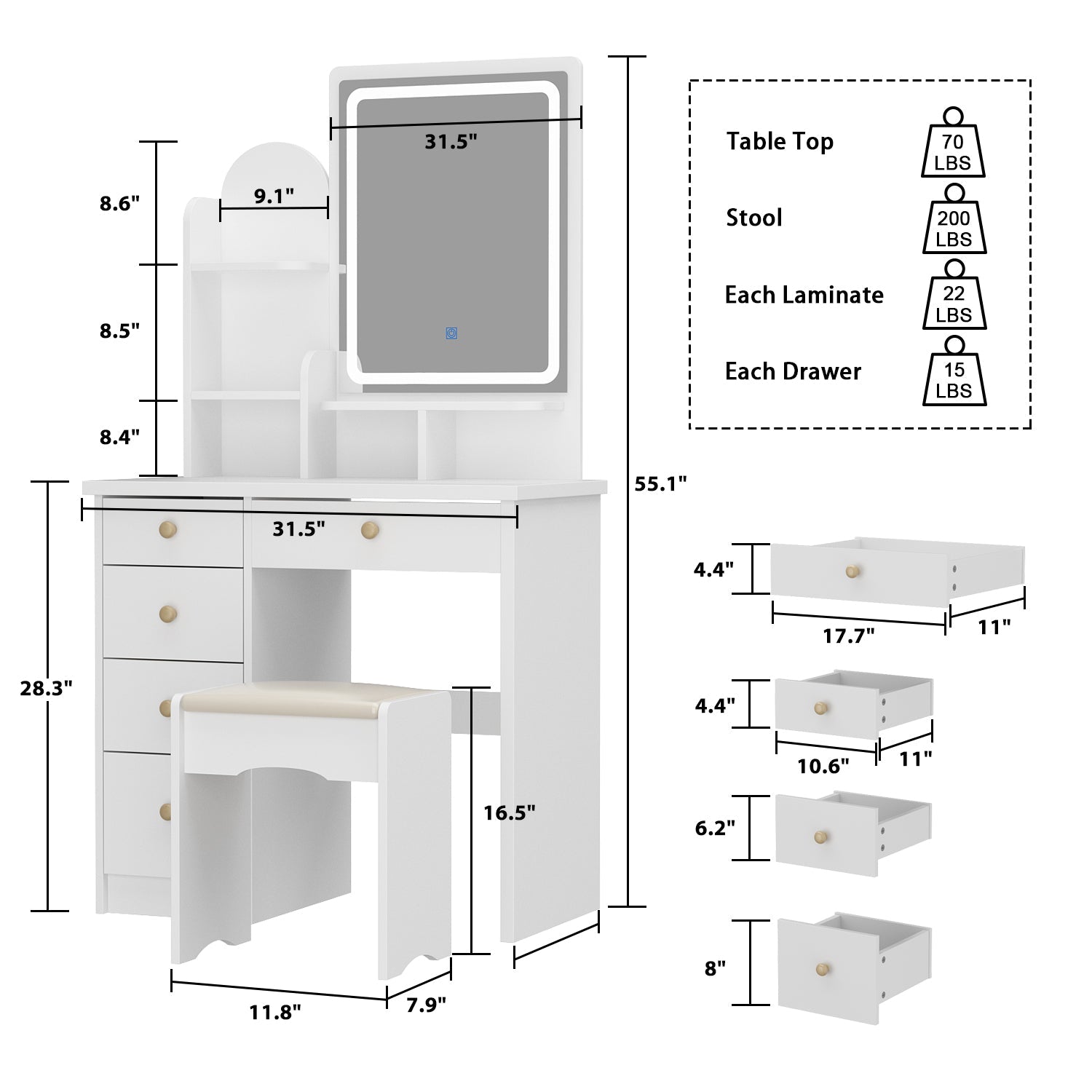 Makeup Vanity Dressing Table Dresser Set with 5 Drawers