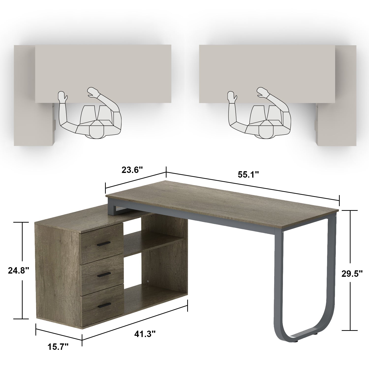 Home Office Computer Desk Corner Desk with 3 Drawers and 2 Shelves, 55 Inch Large L-Shaped Study Writing Table with Storage Cabinet