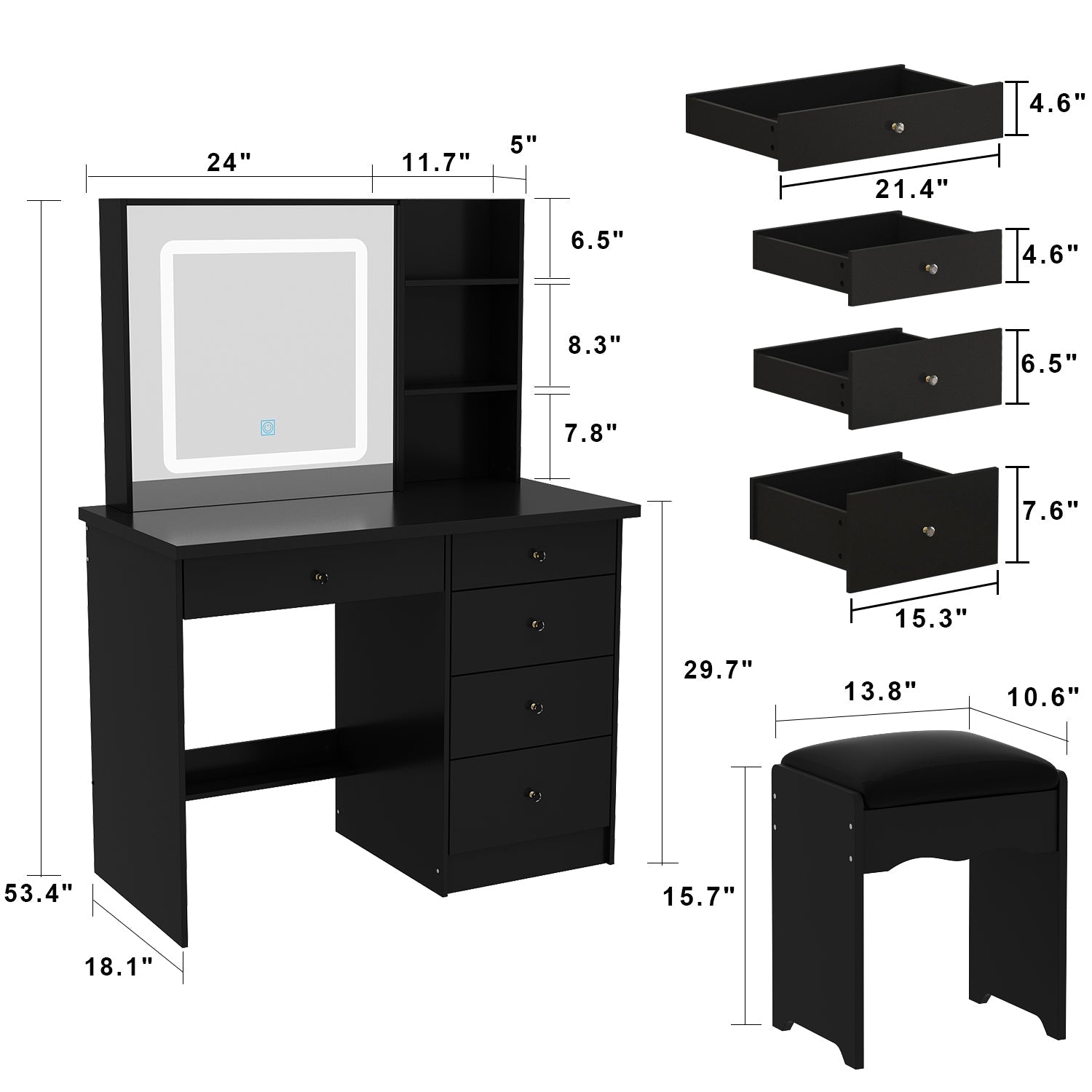 Makeup Vanity Set with Sliding Lighted Mirror, Cushioned Stool, 5 Drawers & Shelves