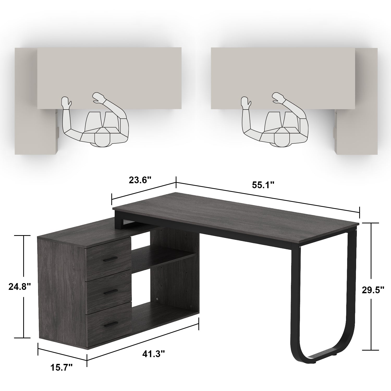 Home Office Computer Desk Corner Desk with 3 Drawers and 2 Shelves, 55 Inch Large L-Shaped Study Writing Table with Storage Cabinet