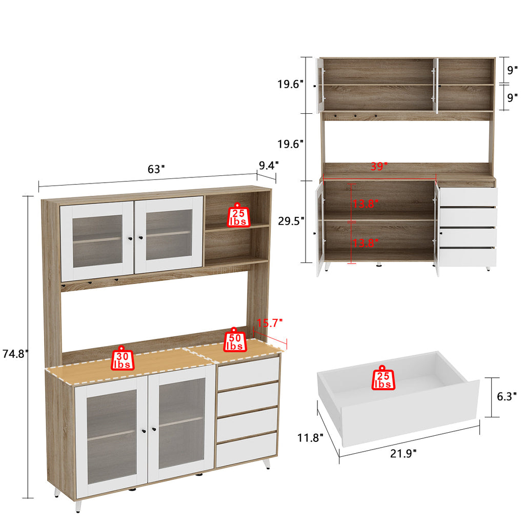 Storage Sideboard Cabinet Cupboard with Drawers and Glass Doors for Kitchen Organization