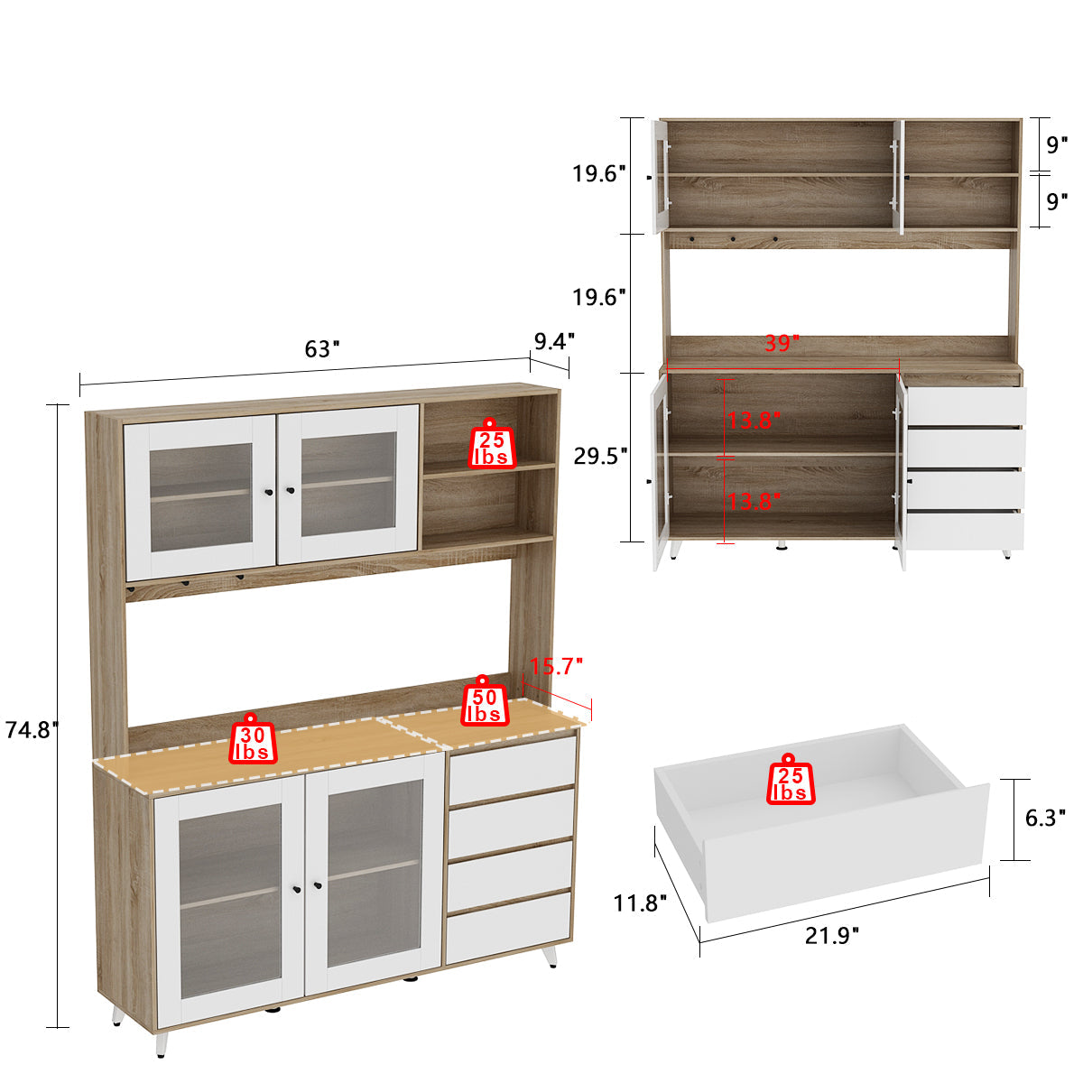 Storage Sideboard Cabinet Cupboard with Drawers and Glass Doors for Kitchen Organization