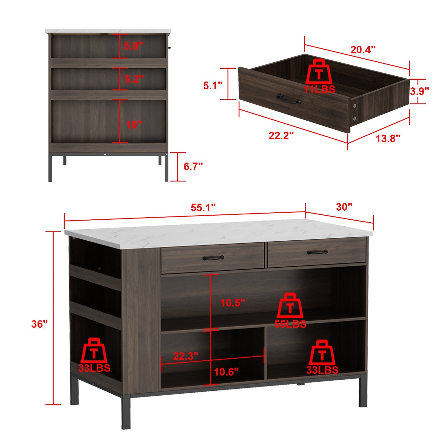 Kitchen Island with Solid + Manufactured Wood Top