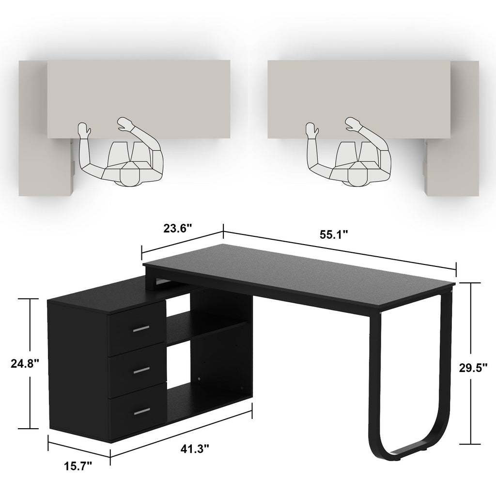 Home Office Computer Desk Corner Desk with 3 Drawers and 2 Shelves, 55 Inch Large L-Shaped Study Writing Table with Storage Cabinet