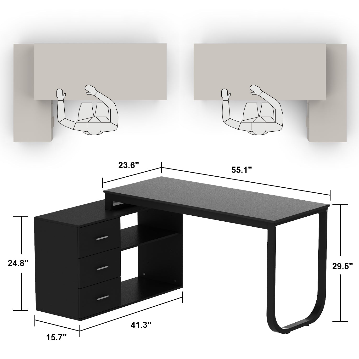 Home Office Computer Desk Corner Desk with 3 Drawers and 2 Shelves, 55 Inch Large L-Shaped Study Writing Table with Storage Cabinet