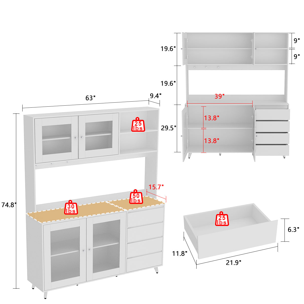 Storage Sideboard Cabinet Cupboard with Drawers and Glass Doors for Kitchen Organization