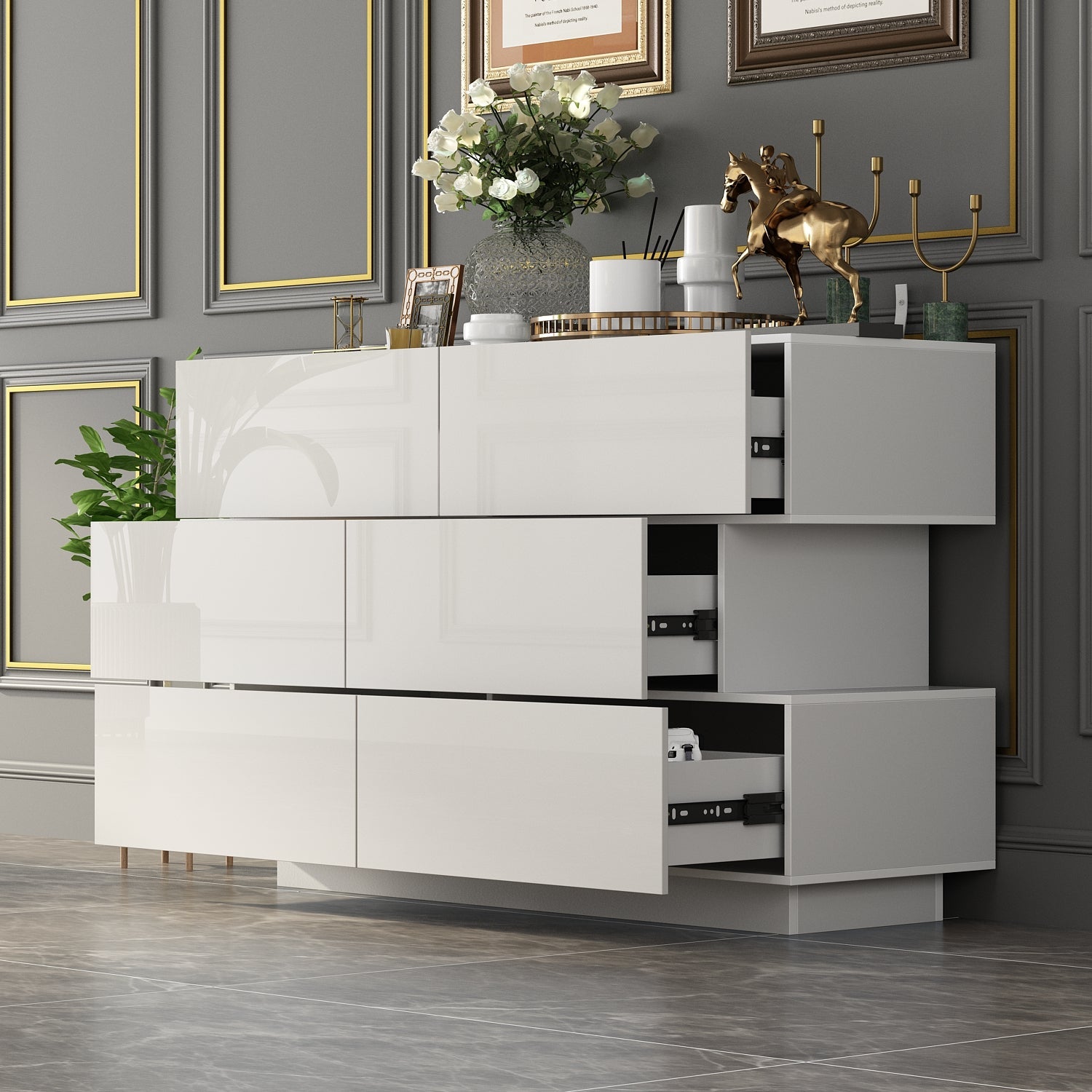 High Gloss Double Dress Chest 6-Drawer Sideboard for Living Room