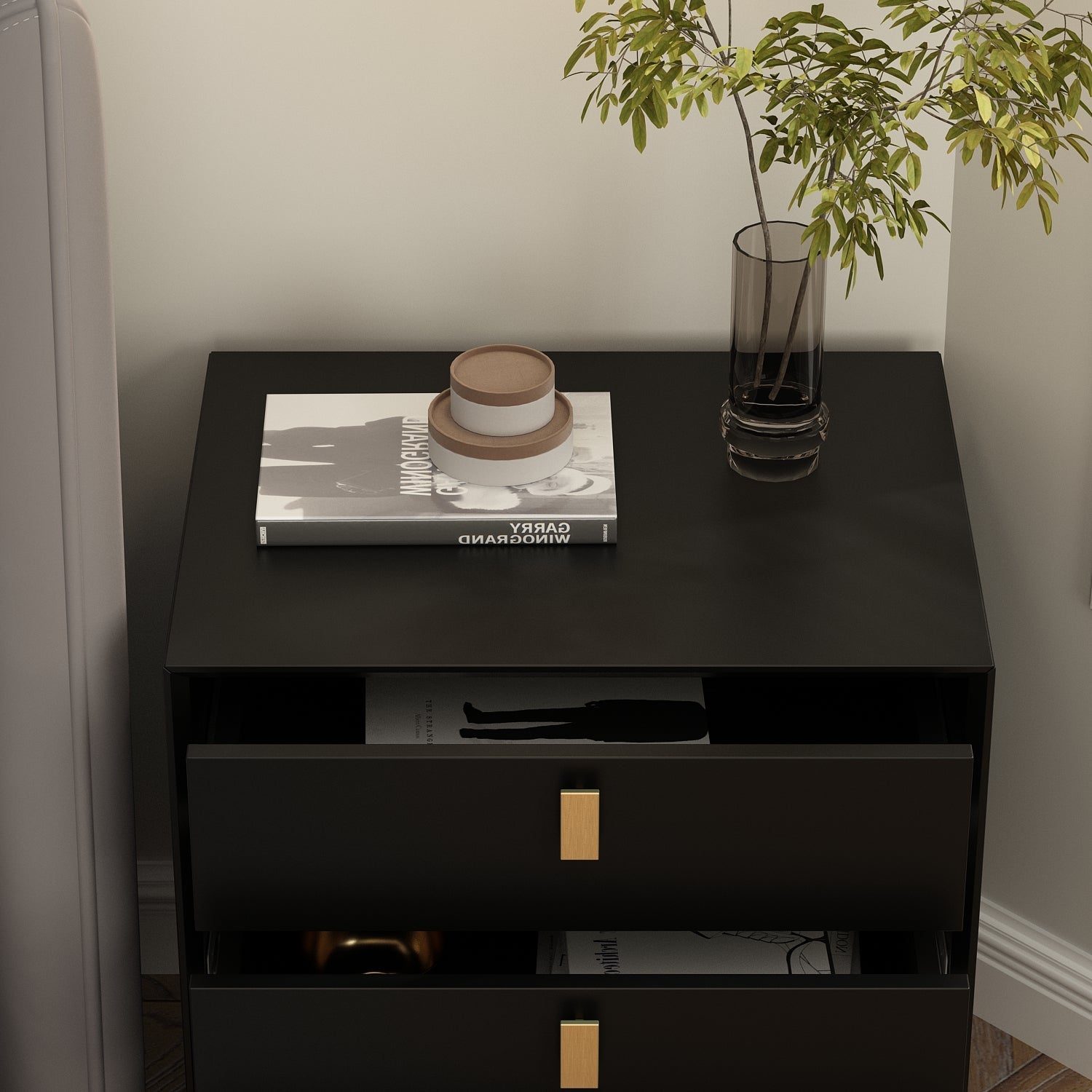 Nightstand Dresser Black End Table in Gold Metal Legs with 3 Drawers