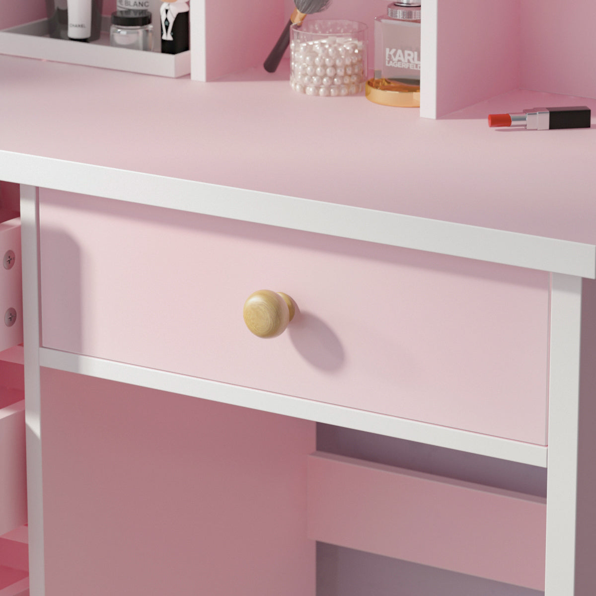 5-Drawer Makeup Vanity Set Dressing Table Set with Stool, Mirror, LED Light and 3-Tier Storage Shelves